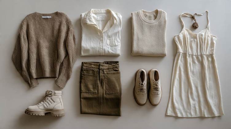 A flat lay of 5 tops, 2 bottoms, and 1 dress that all coordinate in a neutral color palette.jpg